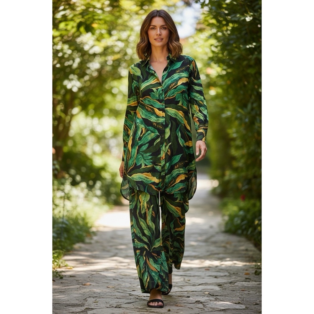 Rachel Zoe 2 Pc Linen Blend Tropical Leaf Tunic & Pants Set Women's Small